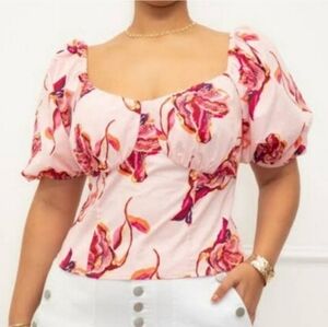 Eloquii Pink Flower Puff Sleeve  Babydoll Corset Smocked Top  Blouse 18